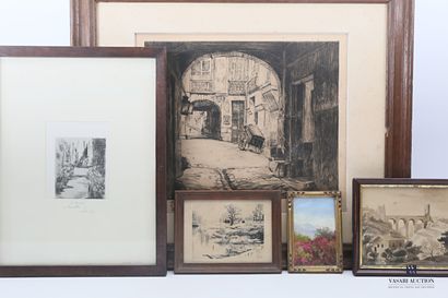 null Lot including five framed pieces:

- ROBIN L. 

View of a porch 

Lithograph...