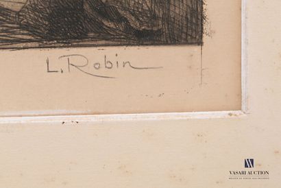 null Lot comprenant cinq pièces encadrées :

- ROBIN L. 

Vue de porche 

Lithographie...
