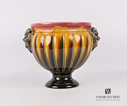 null Earthenware cover pot of baluster shape, the ribbed body flanked by two satyrs...