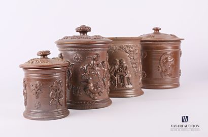 null BEAUVAIS

Four cylindrical stoneware tobacco jars, the first decorated with...