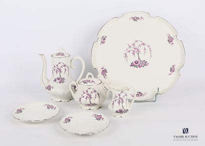null White porcelain tea set with printed cherry blossoms and flowers including a...