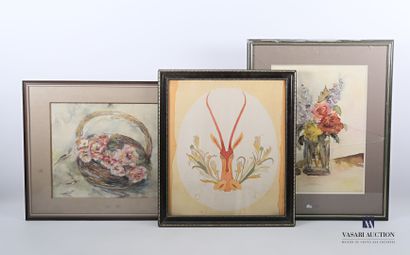 null Lot of three framed pieces including :

- BODIQUEL D. (XXth century)

Flowered...