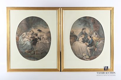 null Pair of polychrome reproductions with oval view on paper representing the meeting...