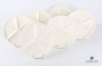 null LE CREUSET FRANCE 

Suite of six white earthenware hors d'oeuvre plates 

Marked...