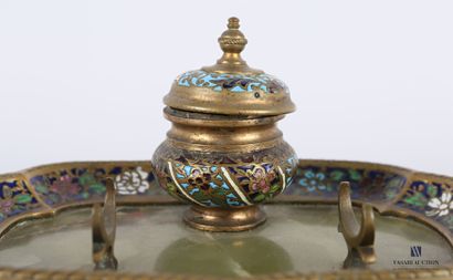 null Bronze inkwell decorated in cloisonné enamels with foliage and flowers, the...