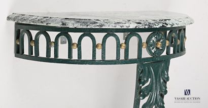 null A green lacquered metal console, the half moon top in sea green marble underlined...