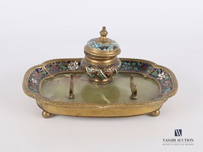 null Bronze inkwell decorated in cloisonné enamels with foliage and flowers, the...