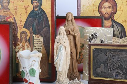ut. : Lot of religious objects including fifteen framed religious pictures or icons...