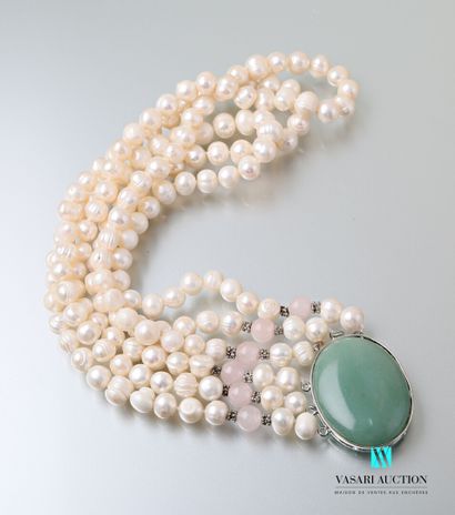 null Necklace with three rows of freshwater pearls, the metal clasp decorated with...