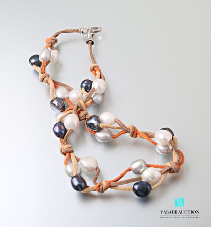 null Twisted leather necklace decorated with twenty four freshwater pearls of different...