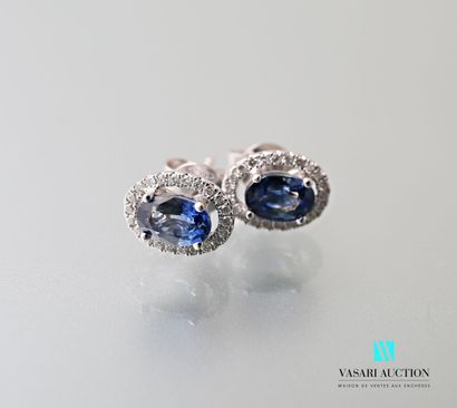 null Pair of earrings in white gold 750 thousandth set with two oval sapphires calibrating...