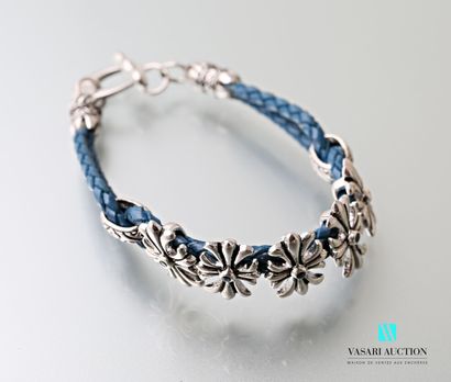 null Bracelet in braided blue leather decorated with five silver crosses 925 thousandths...