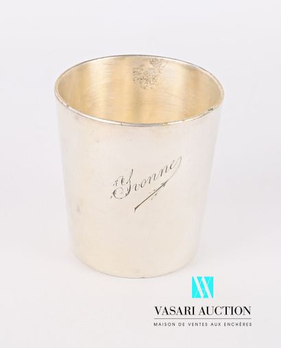 null A silver plated truncated cone-shaped tumbler, marked Yvonne.

Goldsmith : Christofle

(disargenture)

Height...