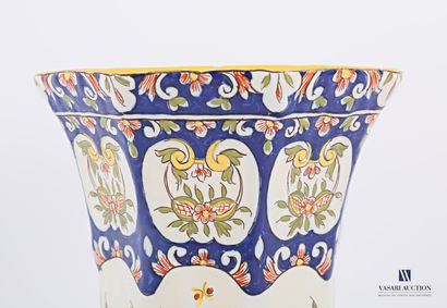null Octagonal vase in Rouen earthenware with polychrome decoration of a bird bringing...