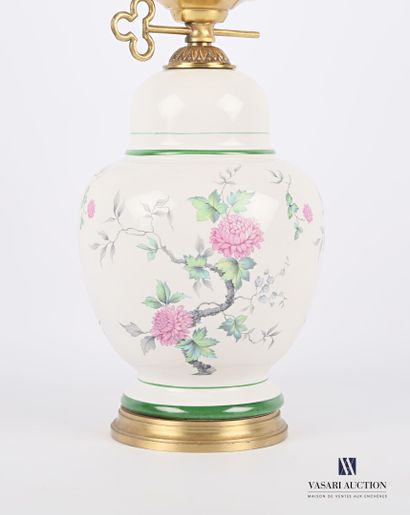 null Earthenware oil lamp of ovoid form with poychrome decoration of peonies and...