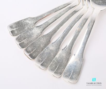 null Set of twelve silver plated cutlery sets with flat handles.

Six sauce spoons...