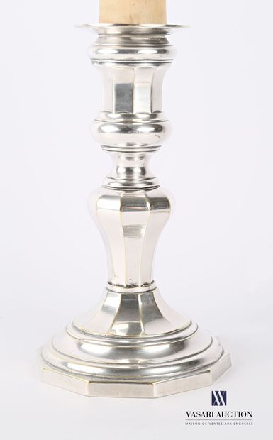 null Silvered bronze lamp stand, the baluster shaft rests on a decagonal base and...