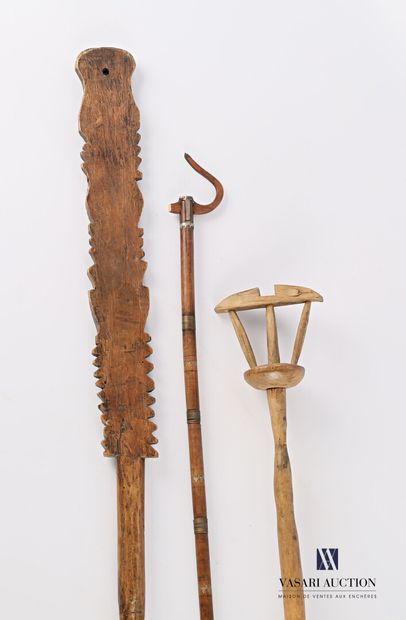 null Set of three wooden cattails including a hooked cattail, the shaft scarified...