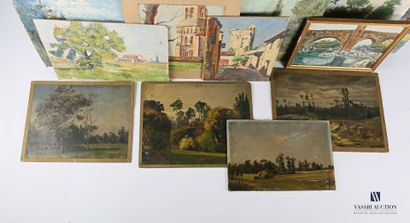 null Lot of fourteen oil paintings on cardboard and canvas representing landscapes...