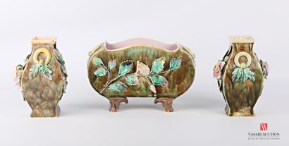 null A barbotine mantel set with an oblong jardinière and two square-sectioned vases...