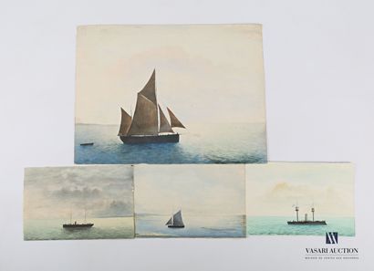 null Lot de quatre aquarelles représentant des voiliers et navires, l'une signée...