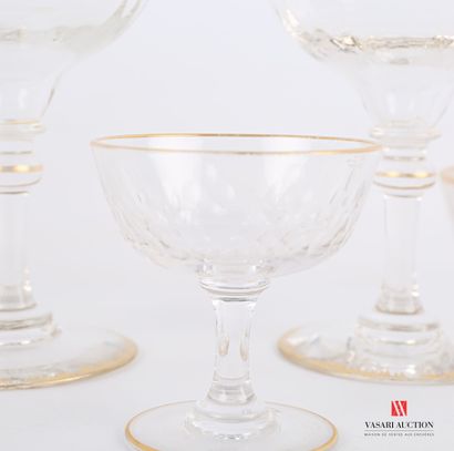 null Set of three champagne glasses and six liqueur glasses decorated with stylized...