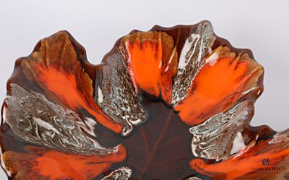 null VALLAURIS

Two glazed earthenware bowls simulating leaves in autumnal colours.

Hollow...