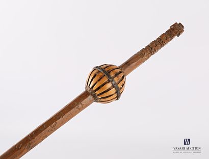 null Stopper rod with a spherical cage with a wooden wheel and a metal ring, the...