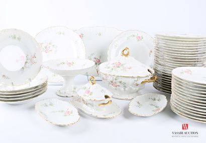 null White porcelain dinner service with polychromatic decoration of rose branches...