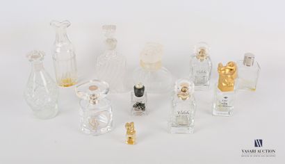 null Lot including eleven glass perfume bottles with stripes, ribs, flutes, plants,...