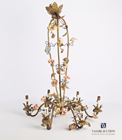  Brass chandelier with six arms of light decorated with porcelain rosebuds 
Height...