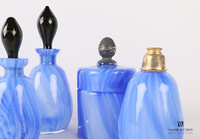  Toiletries set made of glass jaspered in blue tones including three bottles (Height:...