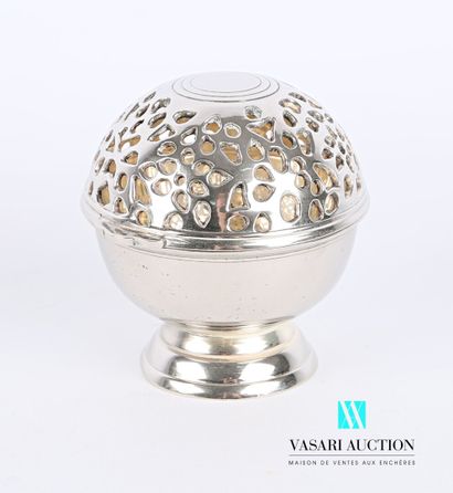 null Spherical metal sponge ball, the hinged lid openwork with stylized leafy motifs....