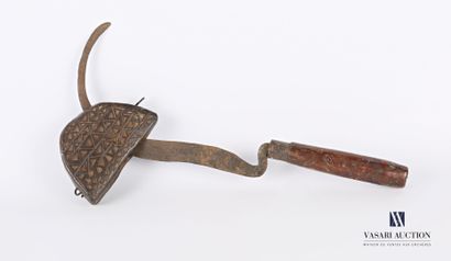 null Wrought iron rice straw sickle with wooden handle and its wooden quiver carved...