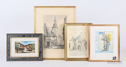 null Lot of four framed pieces including :

A reproduction after Mdame C. de Rotschild...