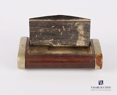 null Wooden and metal snuffbox of rectangular shape, the hinged lid with inlaid decoration...