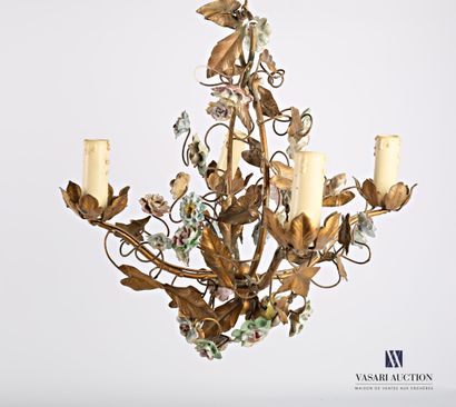  Brass chandelier with four arms of light decorated with porcelain rosebuds 
Height...