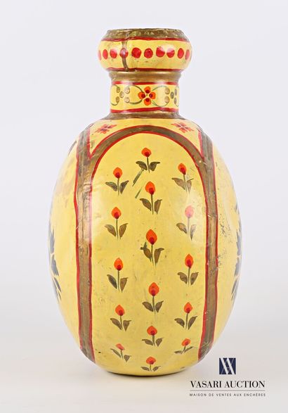 null Metal vase of round form, the flattened body with painted decoration of flowered...