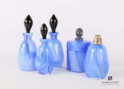  Toiletries set made of glass jaspered in blue tones including three bottles (Height:...