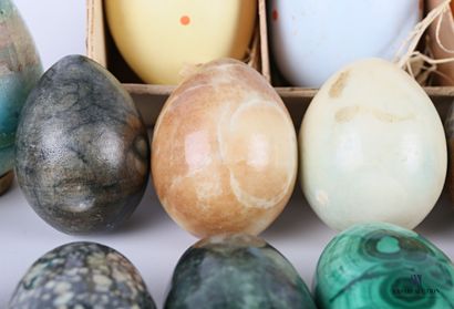 null Lot of thirty-six eggs in various materials such as painted terracotta, glass,...