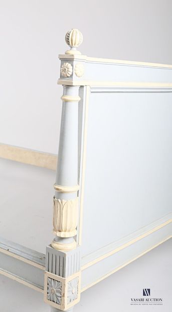 null Moulded and carved wood bed painted blue and white, the headboard surmounted...