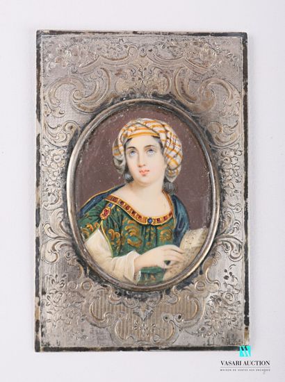 null Miniature with oval view showing a woman in oriental dress reading music, it...