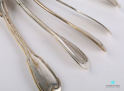 null Set of six silver plated cutlery and five table spoons, the handles decorated...