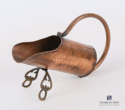 null Copper bottle service stand of tubular shape, the arched handle ending in a...