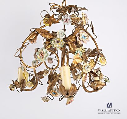  Brass chandelier with three arms of light decorated with porcelain rosebuds 
Height...