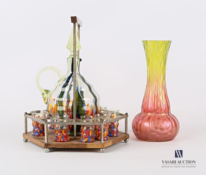 null Glass liquor service with marbled decoration and its hexagonal support out of...