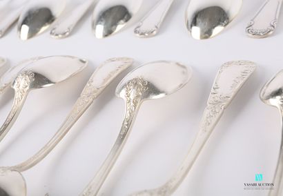 null Silver plated lot comprising seventeen table spoons, the handles decorated with...