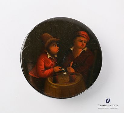 null Round box in paper maché, the lid decorated with characters drinking a glass...
