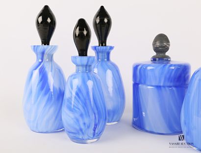 null Toiletries set made of glass jaspered in blue tones including three bottles...