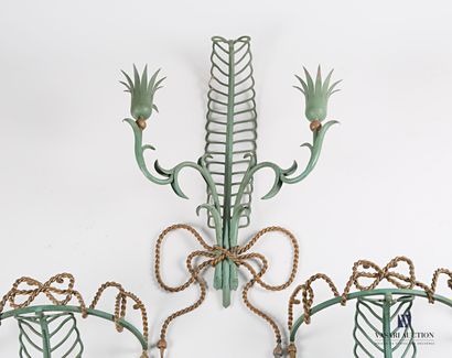 null Set in wrought iron with green and gold patina, comprising a pair of consoles...
